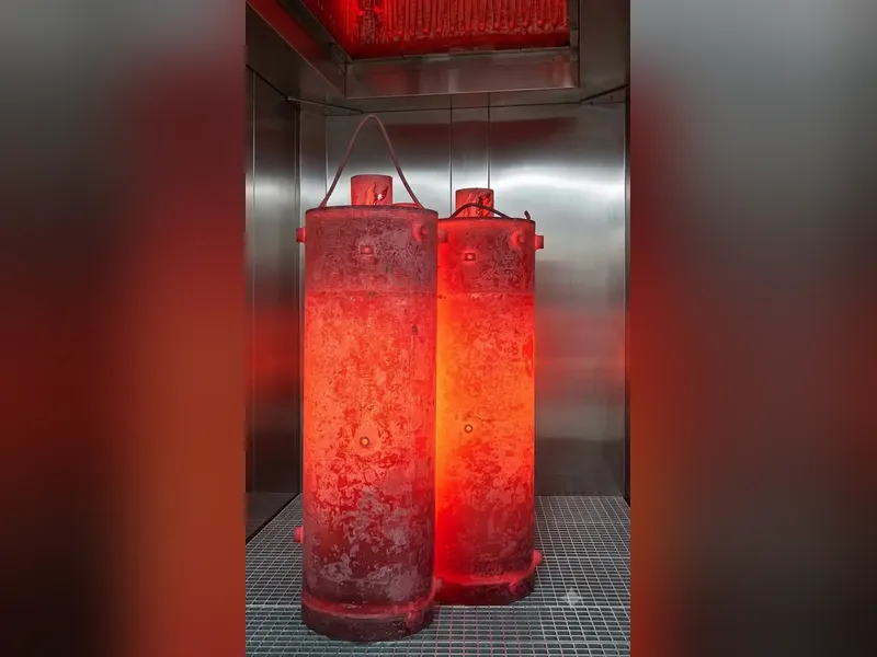 Enamel-coated water heater tanks in the firing furnace